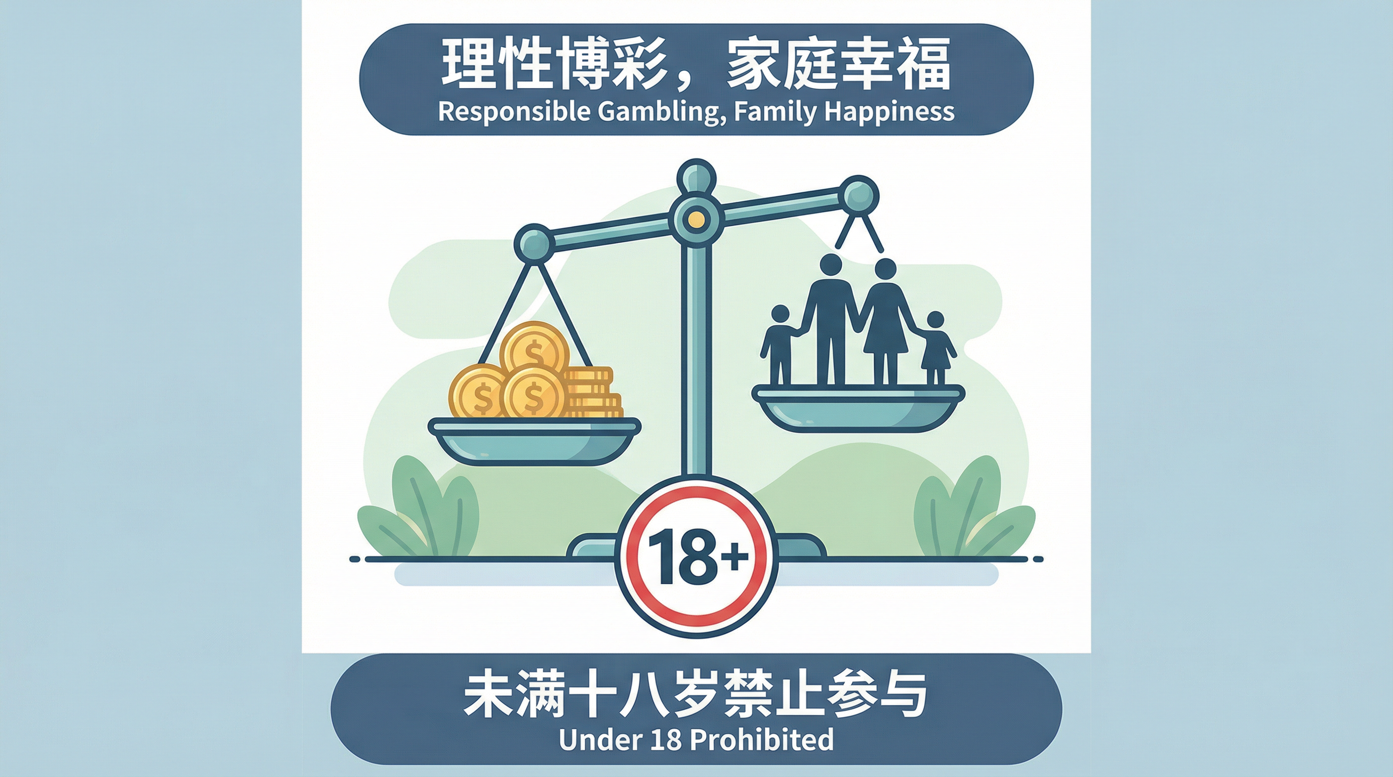 注册彩金负责任博彩宣传图展示18+标识和家庭平衡