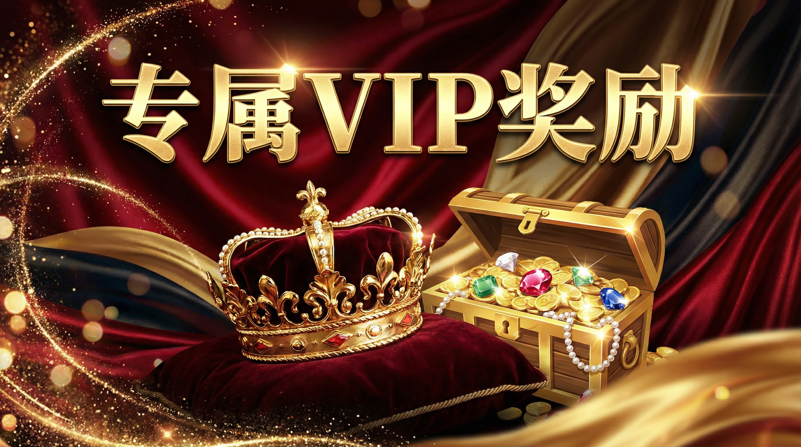 注册彩金VIP专属奖励展示金色皇冠和宝箱